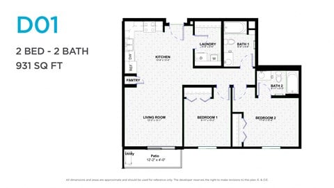 Floor plan for 2 beds, 2 baths, 931 sqft